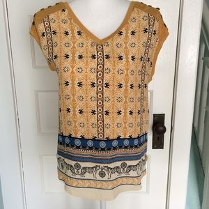 Dressbarn Mustard V-Neck Tiger Print Tunic Shirt, XS